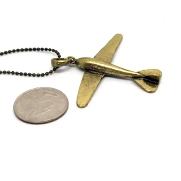 Antiqued Bronze Plane Pendant on 26" Ball Chain Lobster Claw Clasp - Picture 7 of 8